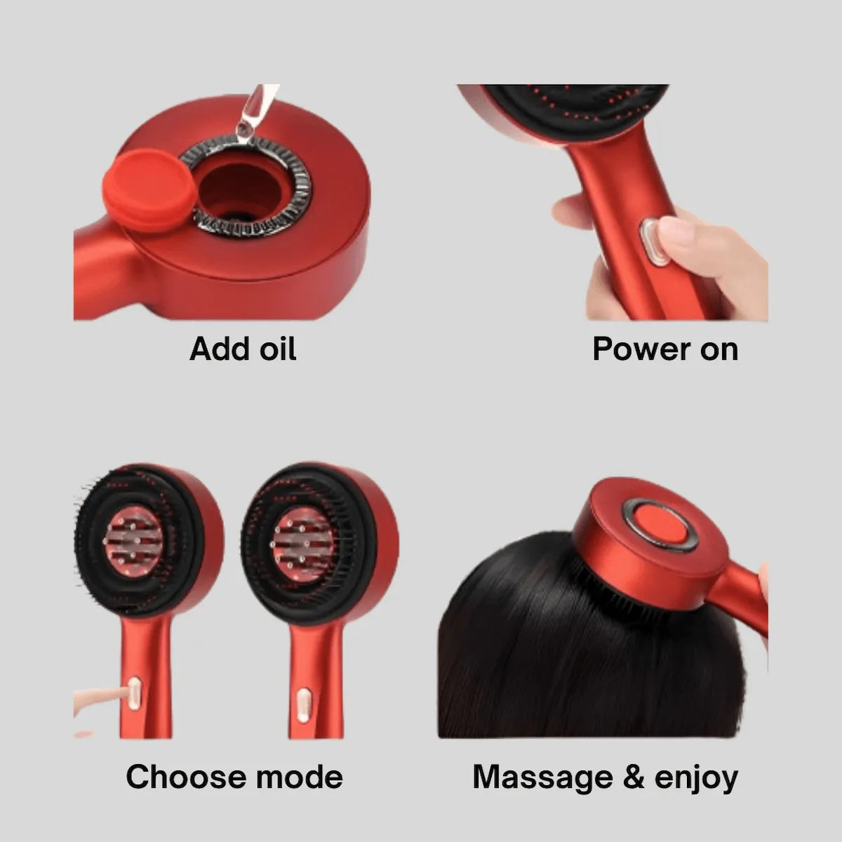 Red hair care device with step-by-step instructions on a gray background