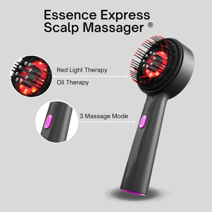 Essence Express Scalp Massager with red light therapy and oil therapy features on a gray background